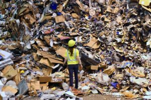 Person standing in front of a pile of recyclables.